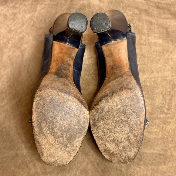 Vintage 40s Gold Cross Shoe Pumps Blue Heels Decorative Wrap Blue Open Toe Retro - Picture 7 of 13